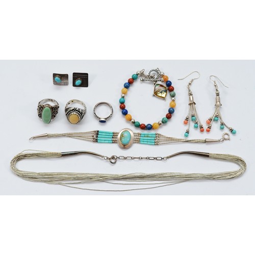 91 - Carolyn Pollack, two 925 silver rings, L-M, a Carolyn Pollack 925 silver beaded bracelet, two pairs ... 