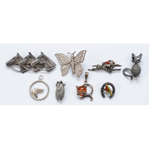 99 - Three silver brooches, three 925 silver brooches, a silver dog pendant, Sheffield 1992, and a 925 si... 