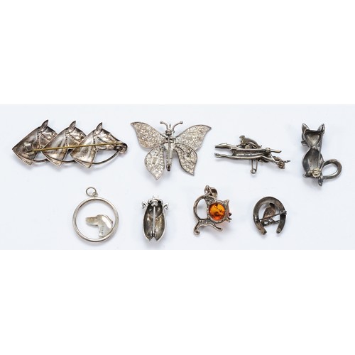 99 - Three silver brooches, three 925 silver brooches, a silver dog pendant, Sheffield 1992, and a 925 si... 