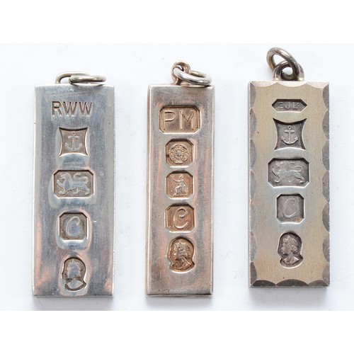 110 - Two silver ingot pendants, Birmingham 1977, with a silver ingot pendant, Sheffield 1977, 75g