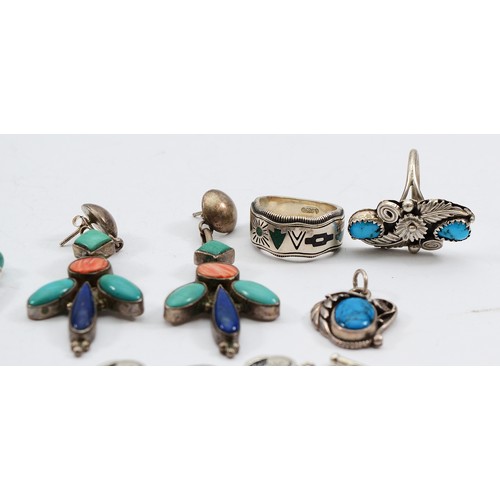 119 - Three 925 silver turquoise bracelets, a silver beaded necklace, a pair of silver turquoise drop earr... 