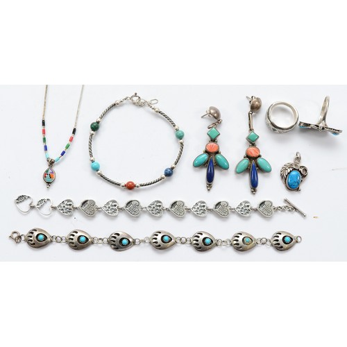 119 - Three 925 silver turquoise bracelets, a silver beaded necklace, a pair of silver turquoise drop earr... 