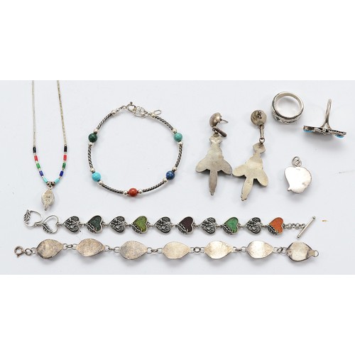 119 - Three 925 silver turquoise bracelets, a silver beaded necklace, a pair of silver turquoise drop earr... 