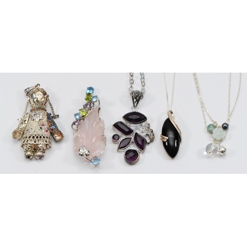 184 - Five 925 silver gemset pendants, 84g