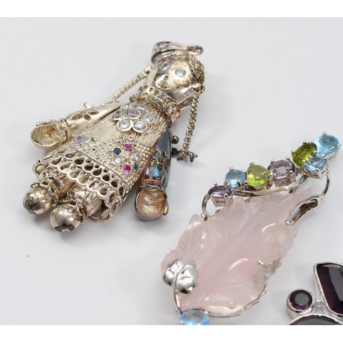 184 - Five 925 silver gemset pendants, 84g