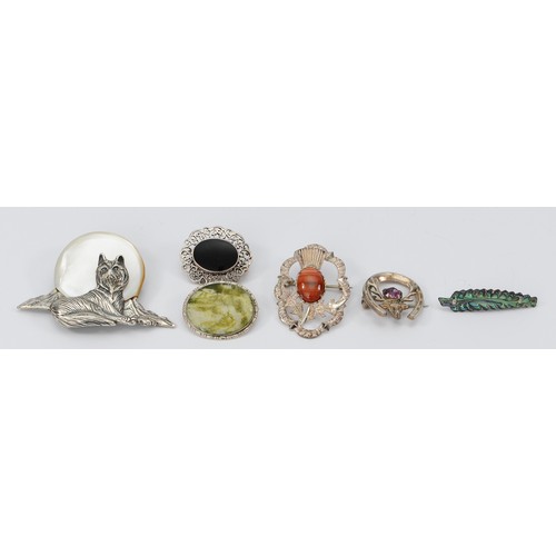 193 - Six silver gemset brooches, largest 60mm, 50g