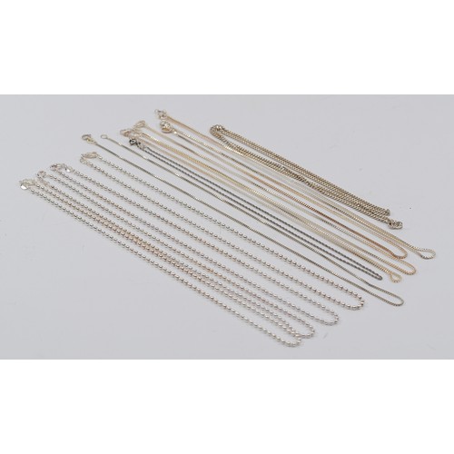 203 - A collection of 925 silver chains, varying links and lengths, 45g