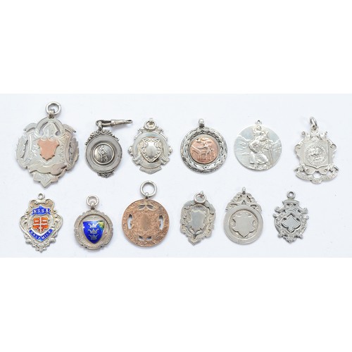 213 - Twelve various silver watch fobs and medals, various dates, 119gm