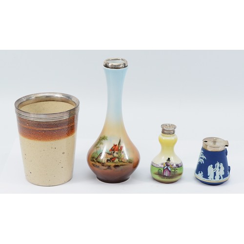 229 - A porcelain bud vase with painted landscape scene to the front, having silver collar, Chester 1913, ... 