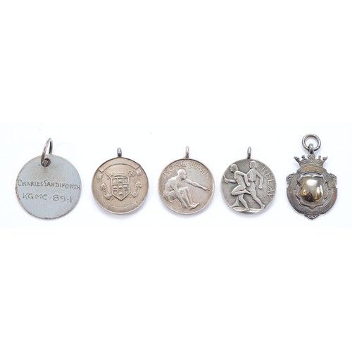 231 - A silver watch fob, Birmingham 1949, 7.6g, a silver school medal, Birmingham 1926, 7.9g, with two me... 