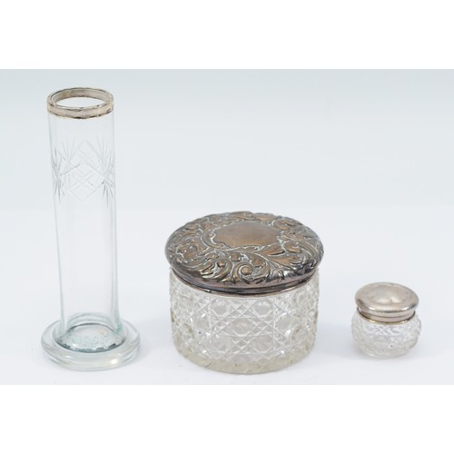 233 - A cut glass and silver lidded dressing table jar, Chester 1899, 8cm, together with a miniature cut g... 