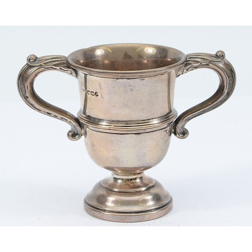 235 - A silver twin handled cup, Sheffield 1948, by Walker & Hall, 77gm, 8cm. 

Condition - silver worn th... 