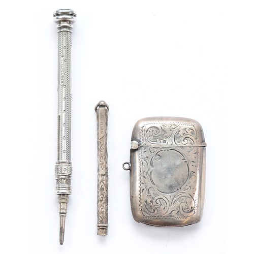 237 - A silver vesta case, Birmingham 1920, 18gm, together with an S. Mordan & Co slide action propelling ... 