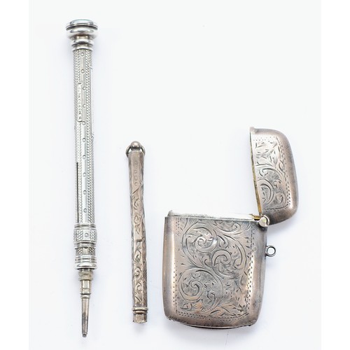 237 - A silver vesta case, Birmingham 1920, 18gm, together with an S. Mordan & Co slide action propelling ... 