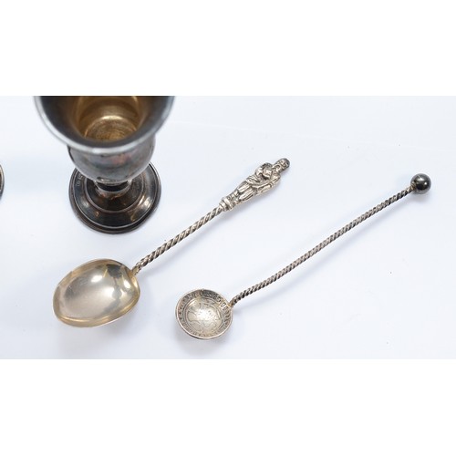 241 - A pair of silver Kiddush cups, Birmingham 1913, 11cm tall, together with a silver apostle spoon, Bir... 
