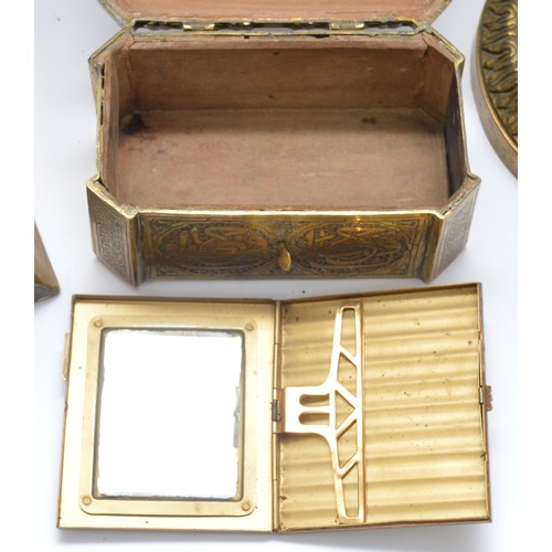 Four pieces of interesting brassware, a Midcentury Gwenda cigarette case,  the lid inset with a rever