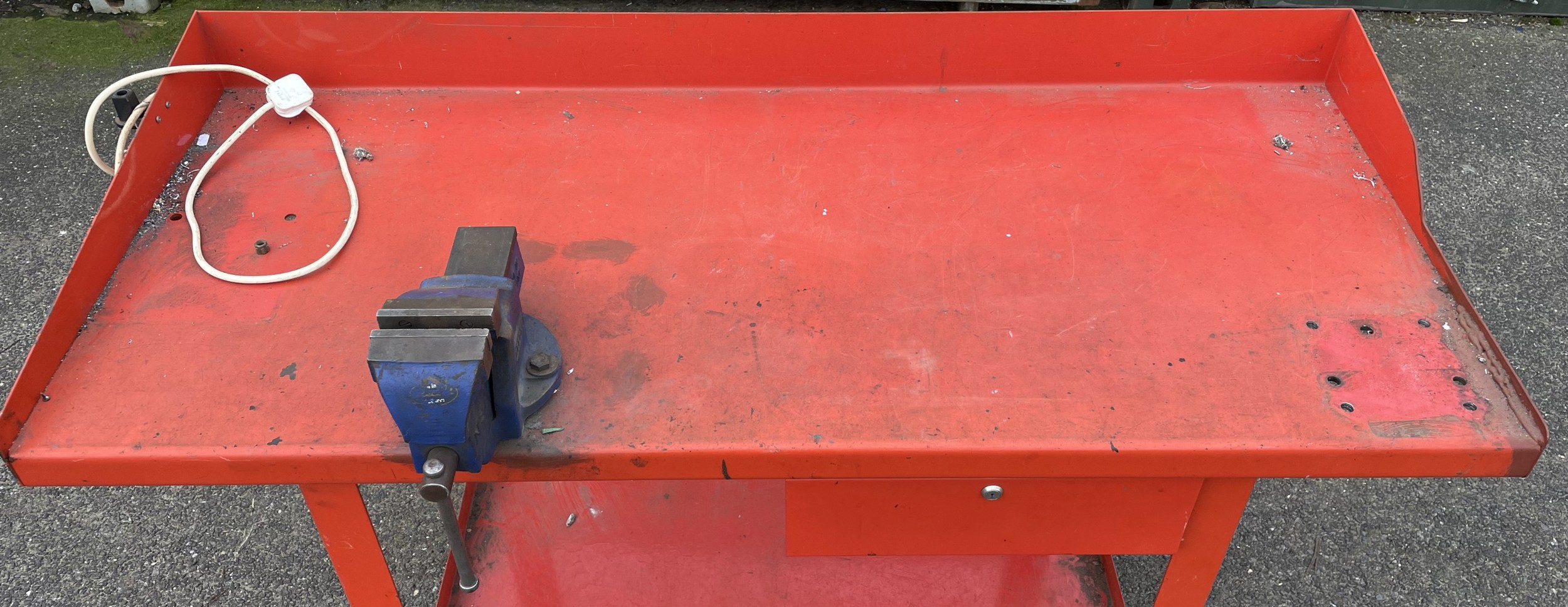 A steel engineers workbench with single drawer and lower shelf ...