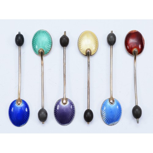 69 - A set of six silver gilt and enamel coffee spoons, Birmingham 1928, by William Suckling Ltd, 45gm, c... 