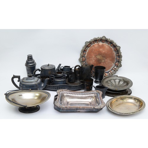 70 - A large quantity of silver plated wares to include, two plated teapots, a plated cocktail shaker, a ... 
