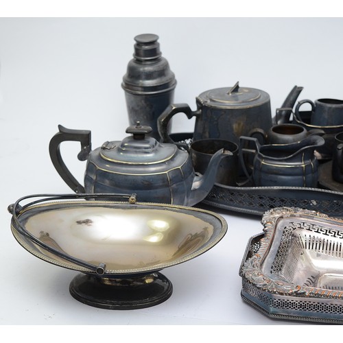 70 - A large quantity of silver plated wares to include, two plated teapots, a plated cocktail shaker, a ... 