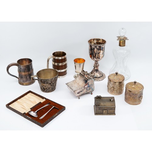 75 - A silver collared pinch glass decanter, Birmingham 1904, together with a silver plated replica of a ... 