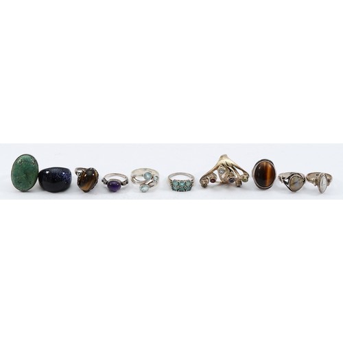 87 - Nine 925 silver gemset rings, with an unmarked silver gemset ring, K-T, 76g