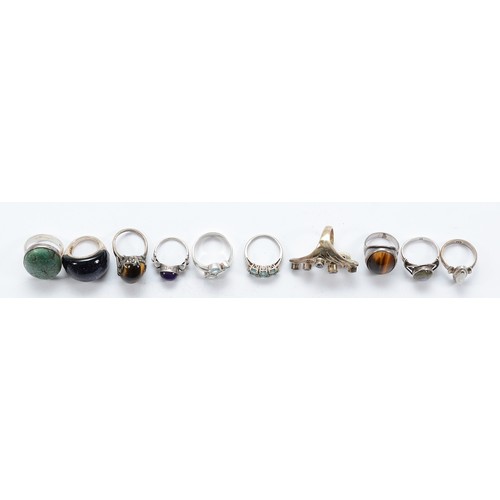 87 - Nine 925 silver gemset rings, with an unmarked silver gemset ring, K-T, 76g