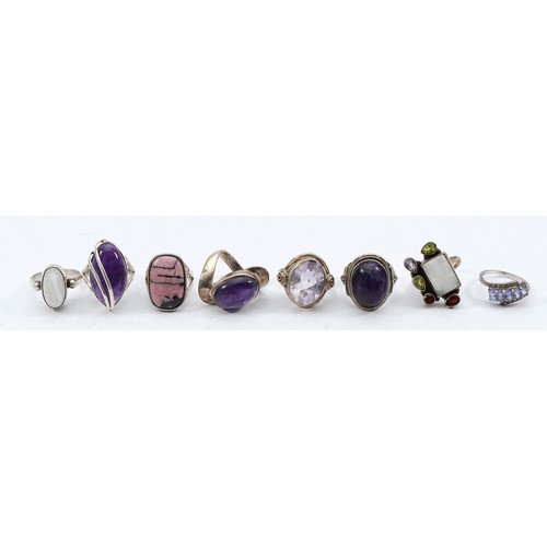 88 - Eight 925 silver gemset rings, K-T, 63g