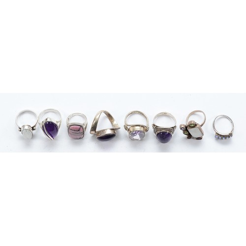 88 - Eight 925 silver gemset rings, K-T, 63g