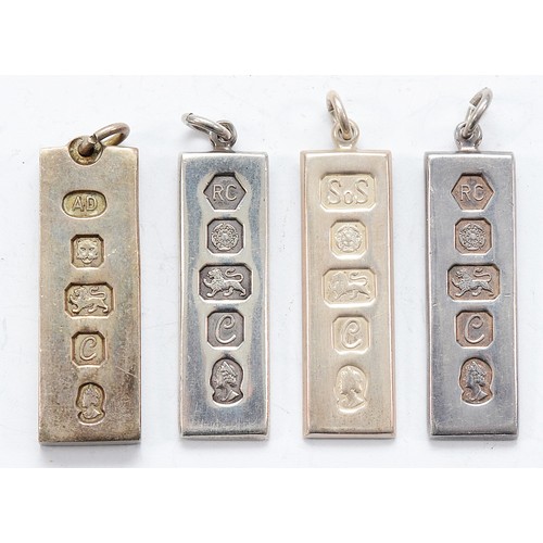 96 - Three silver ingot pendants, Sheffield 1977, and a silver ingot pendant, London 1977, 76g
