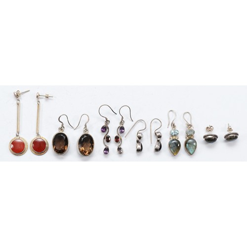 103 - Five pairs of 925 silver gemset earrings, with a pair of unmarked silver gemset earrings, 33g