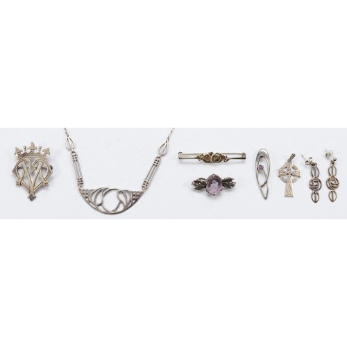 107 - Ola Gorie, a silver brooch, Malcolm Gray, a Scottish silver Luckenbooth brooch and a 925 silver pend... 