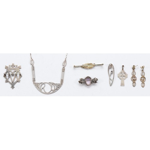 107 - Ola Gorie, a silver brooch, Malcolm Gray, a Scottish silver Luckenbooth brooch and a 925 silver pend... 