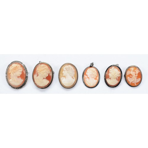 111 - Four 800 silver shell cameo brooches, a 925 silver shell cameo pendant, and a silver shell cameo bro... 