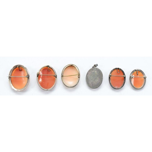 111 - Four 800 silver shell cameo brooches, a 925 silver shell cameo pendant, and a silver shell cameo bro... 