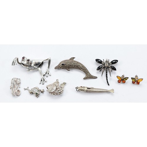 114 - Three 925 silver animal pendants, three 925 silver animal brooches, a pair of 925 silver amber earri... 