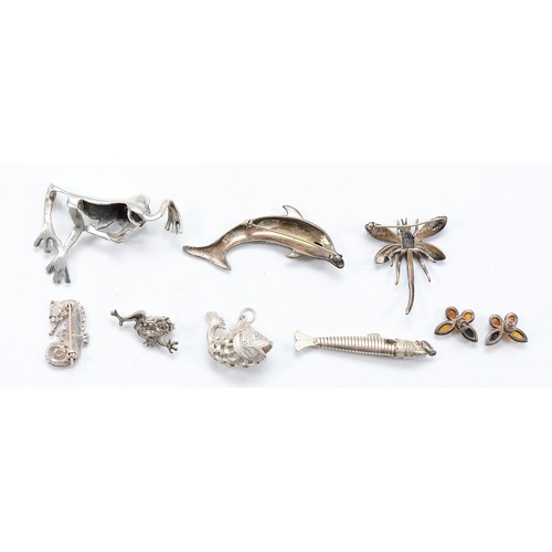 114 - Three 925 silver animal pendants, three 925 silver animal brooches, a pair of 925 silver amber earri... 