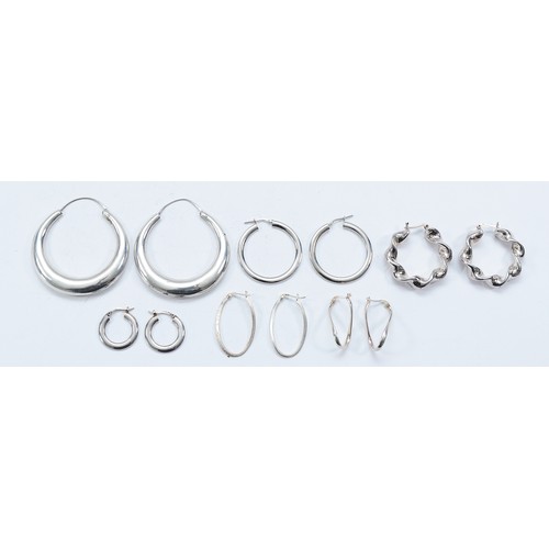 120 - Six pairs of 925 silver hoop earrings, largest 55mm, 43g