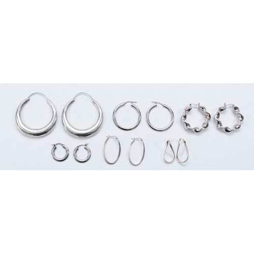 120 - Six pairs of 925 silver hoop earrings, largest 55mm, 43g