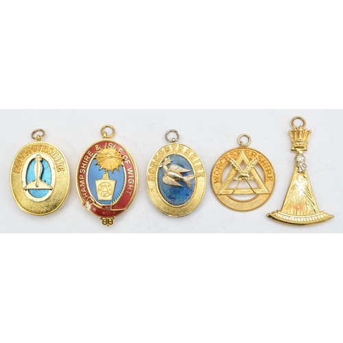 335 - A collection five Masonic collar jewels to include Hampshire & Isle Of Wight by Toye Kenning, Monmou... 