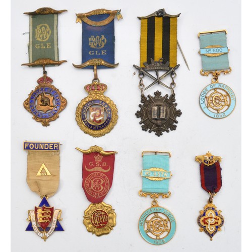 336 - A collection of eight Masonic jewels to include the R.A.O.B Grand Lodge Of England presented to Bro.... 