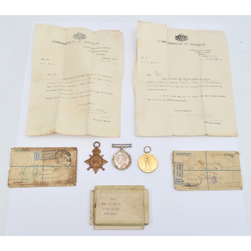 WWI Australian ANZAC Casualty trio to include the 1914-1915 Star, War and Victory presented to 947 PTE. John Mudie. 9th Battalion Australian Imperial Forces, together with his original postal box and Commonwealth of Australia letters relating to his medals.
PTE. John Mudie (1888-1915), 18th August 1914 he was enlisted as part of the first battalion recruited in Queensland, later killed in action on the 25th April 1915 in the Gallipoli Peninsula, the first day of the Gallipoli campaign, most likely during the initial landing at Anzac Cove (Gaba Tepe), also mentioned in the Australian WWI Nominal Role, Lone Pine Memorial and Mackay Old Town Hall.
Before arriving in Australia in 1911 he worked as a coal salesman in Dundee Scotland, settling in Queensland as a Fireman. Becoming one of five family members to serve, including his brothers Alexander, David, Thomas, John and Walter who enlisted in the Cameron Highlanders, 4th battalion Black Watch and Australian Tunnelling Corps.