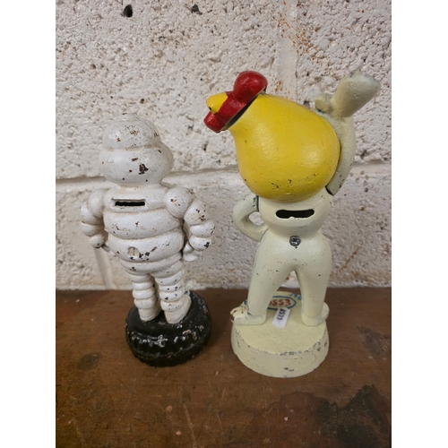 39 - A cast iron painted Michelin man money box 21cm, and a Frau Tropf cast iron painted money box (2)