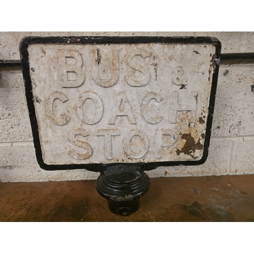 45 - A vintage cast iron double sided Bus & Coach Stop post top, 44 x 44cm.