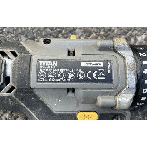 16 - A large collection of tools to include a Makita grinder 9069, a Titan 18V combi drill, a Dewalt Dril... 