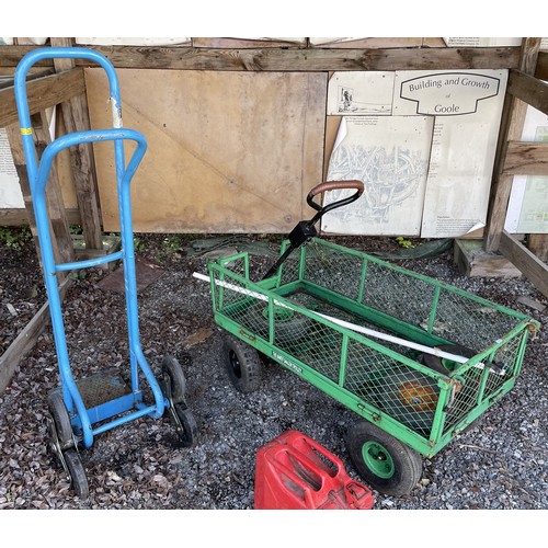 18 - A garden trolley (approx 102x52cm), a sack barrow, a Stanley FatMax crowbar and a jerry can. (4)