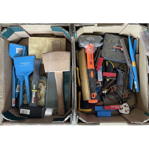 19 - Three boxes of mixed tools to include masonry chisels and mallets.