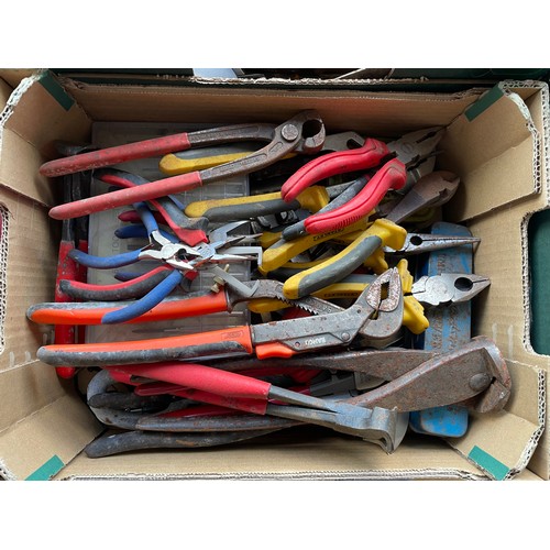 21 - Four boxes of mixed tools, to include, pliers, pincers, tape measures and other items. (4)
