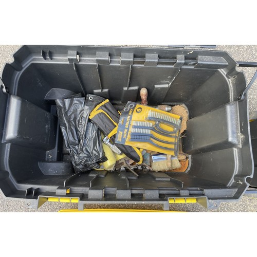 28 - Two large plastic rolling tool boxes filled with tools, including a joiners brace, Record tin snips ... 