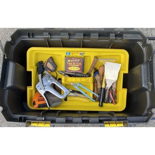 28 - Two large plastic rolling tool boxes filled with tools, including a joiners brace, Record tin snips ... 